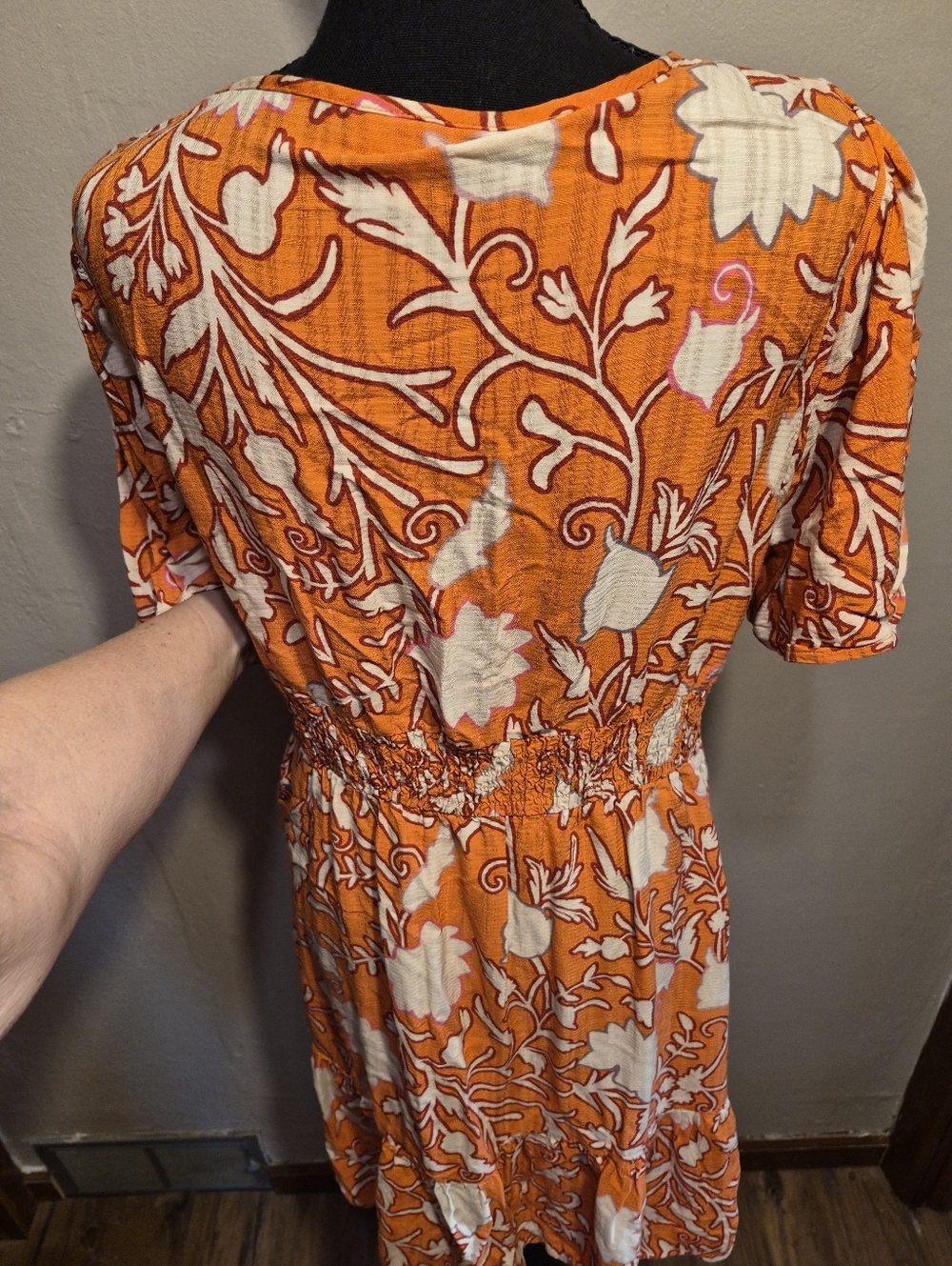 Knox Rose A-Line Dress Womens Large Flutter-Sleeves Orange & White Floral Rayon - Picture 6 of 8